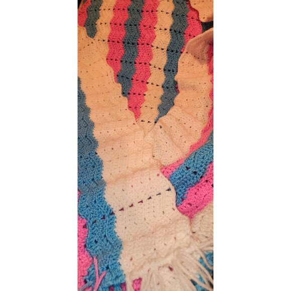 Handmade Crocheted Baby Blanket Fringe Multicolor Stripes Blue Pink White NEW - Picture 6 of 7